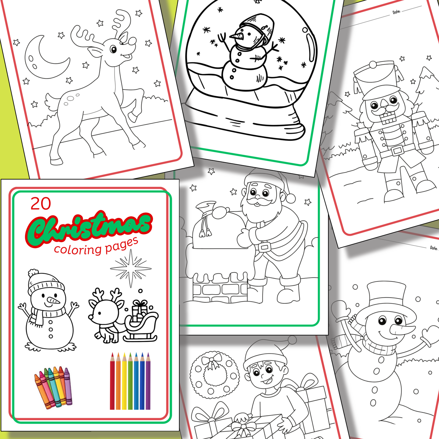 The 12 Days of Christmas Bundle offers black-and-white holiday coloring pages with Santa, snowmen, a reindeer, nutcracker, present, and wreath—perfect Christmas printables.