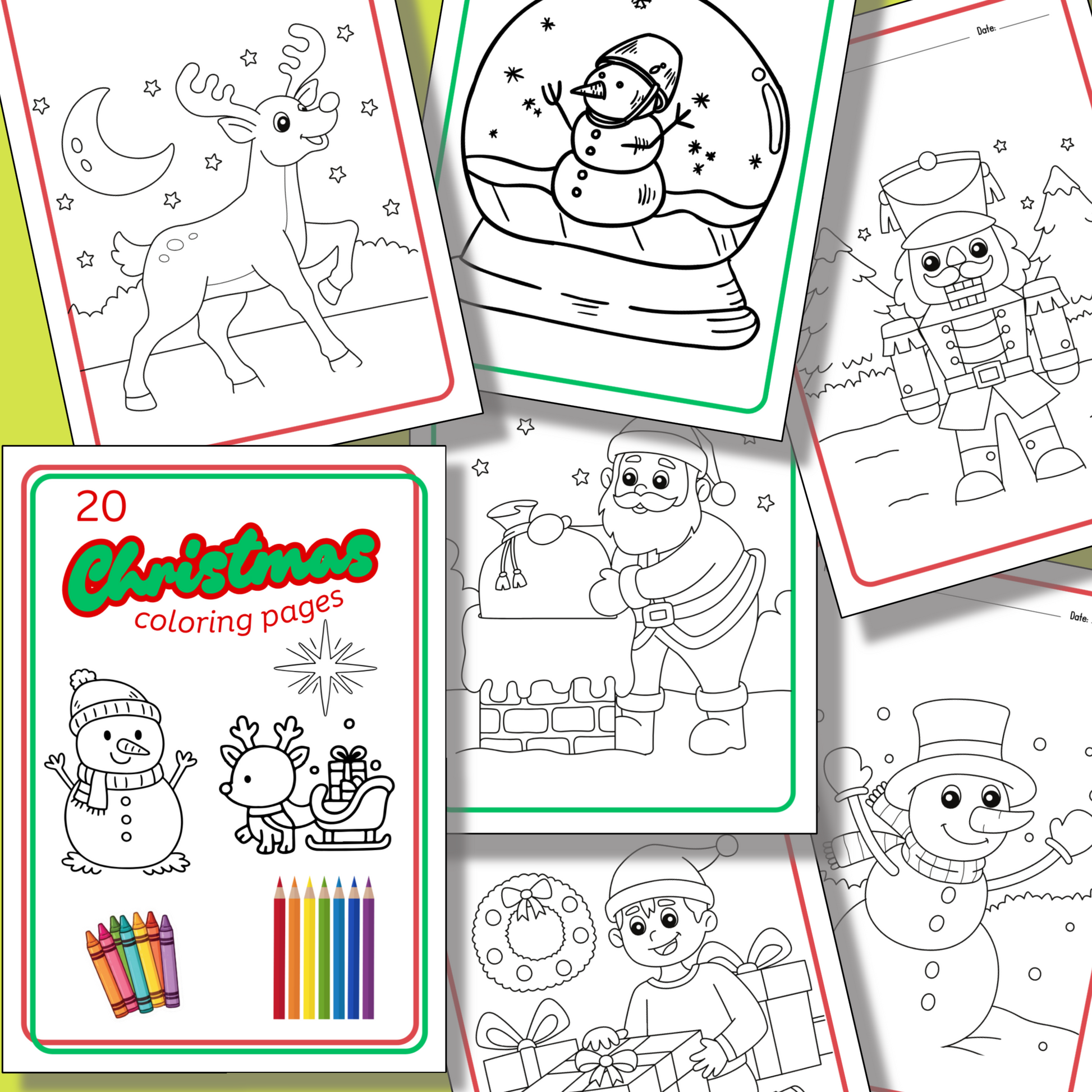 The 12 Days of Christmas Bundle offers black-and-white holiday coloring pages with Santa, snowmen, a reindeer, nutcracker, present, and wreath—perfect Christmas printables.