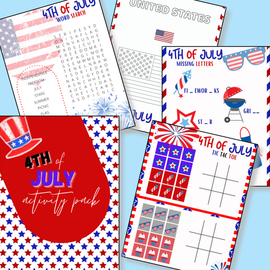 A digital 4th of July Activities Pack comprising a collage of Independence Day-themed activity sheets including word search, missing letters, and tic-tac-toe games from Organized 31 Shop.