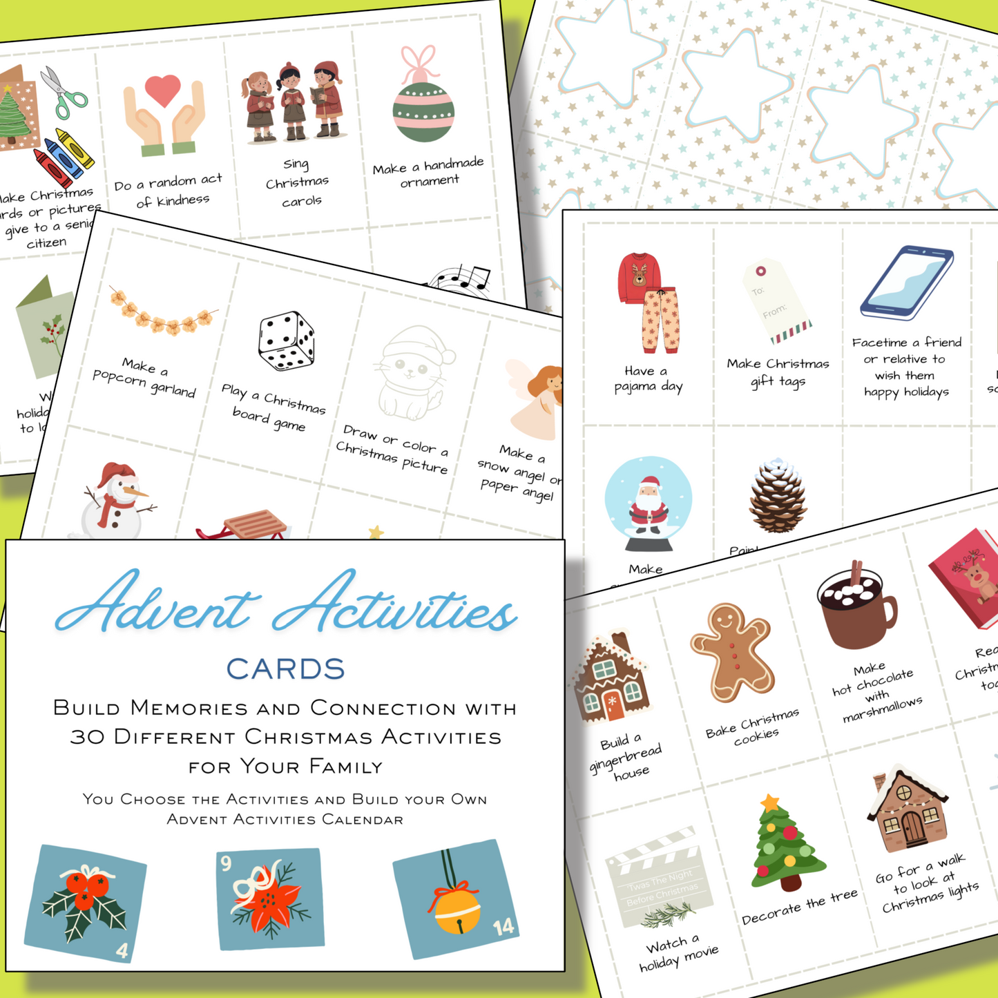 The 12 Days of Christmas Bundle offers activity cards with fun illustrations and instructions for festive activities, shown on a green background. These holiday printables are perfect for any Christmas planner, with icons like presents, stars, and treats.