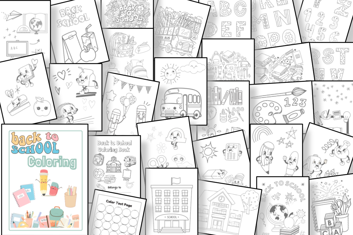 A colorful collection of black-and-white back-to-school-themed coloring pages from the Organized 31 Shop's Back-to-School Coloring Book, showcasing various school-related images such as school buses, alphabet letters, school supplies, and children. Ideal for a printable coloring book with educational images.