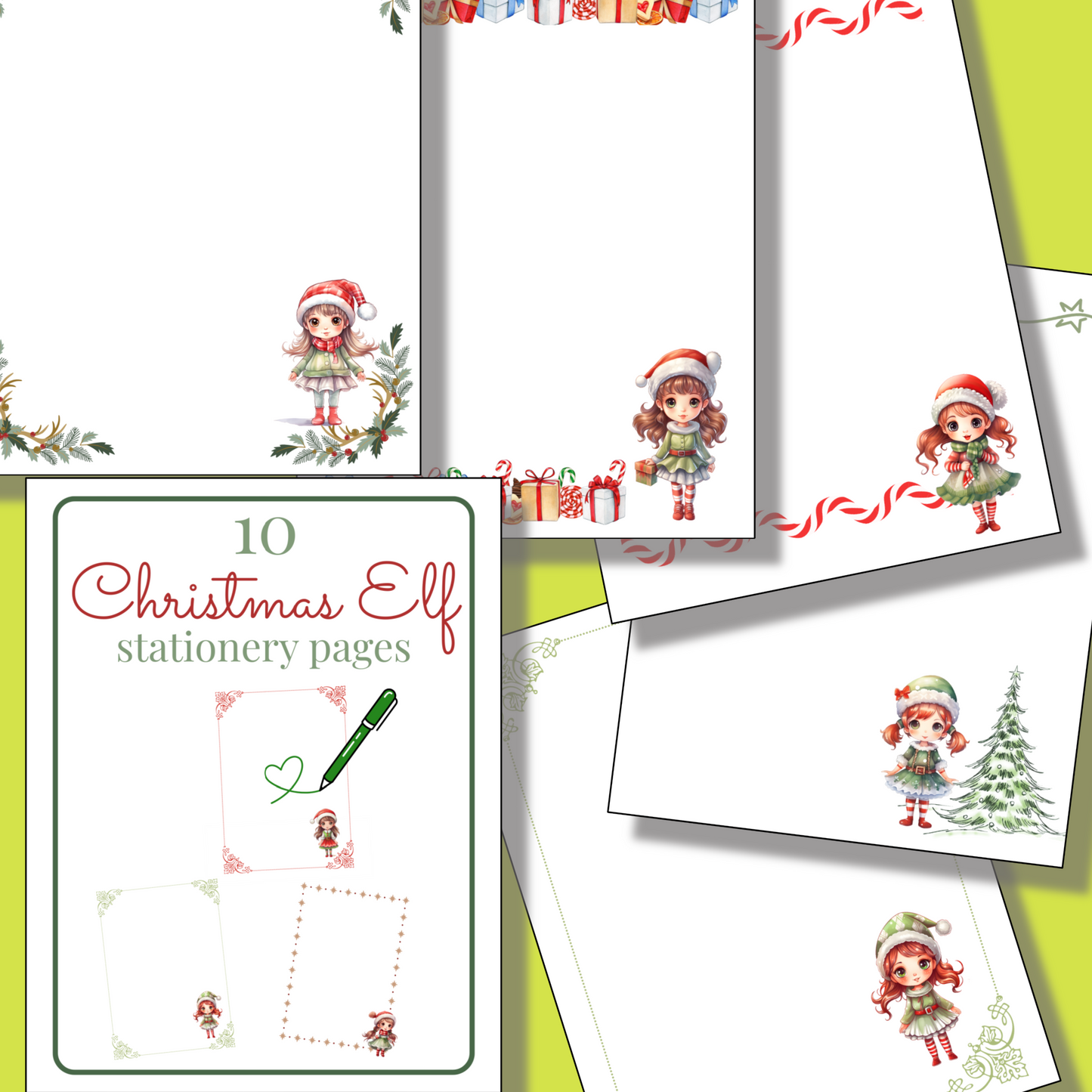 The 12 Days of Christmas Bundle offers Christmas stationery pages with a cartoon elf girl, festive borders, and holiday accents—ideal for printables or adding to your Christmas planner.