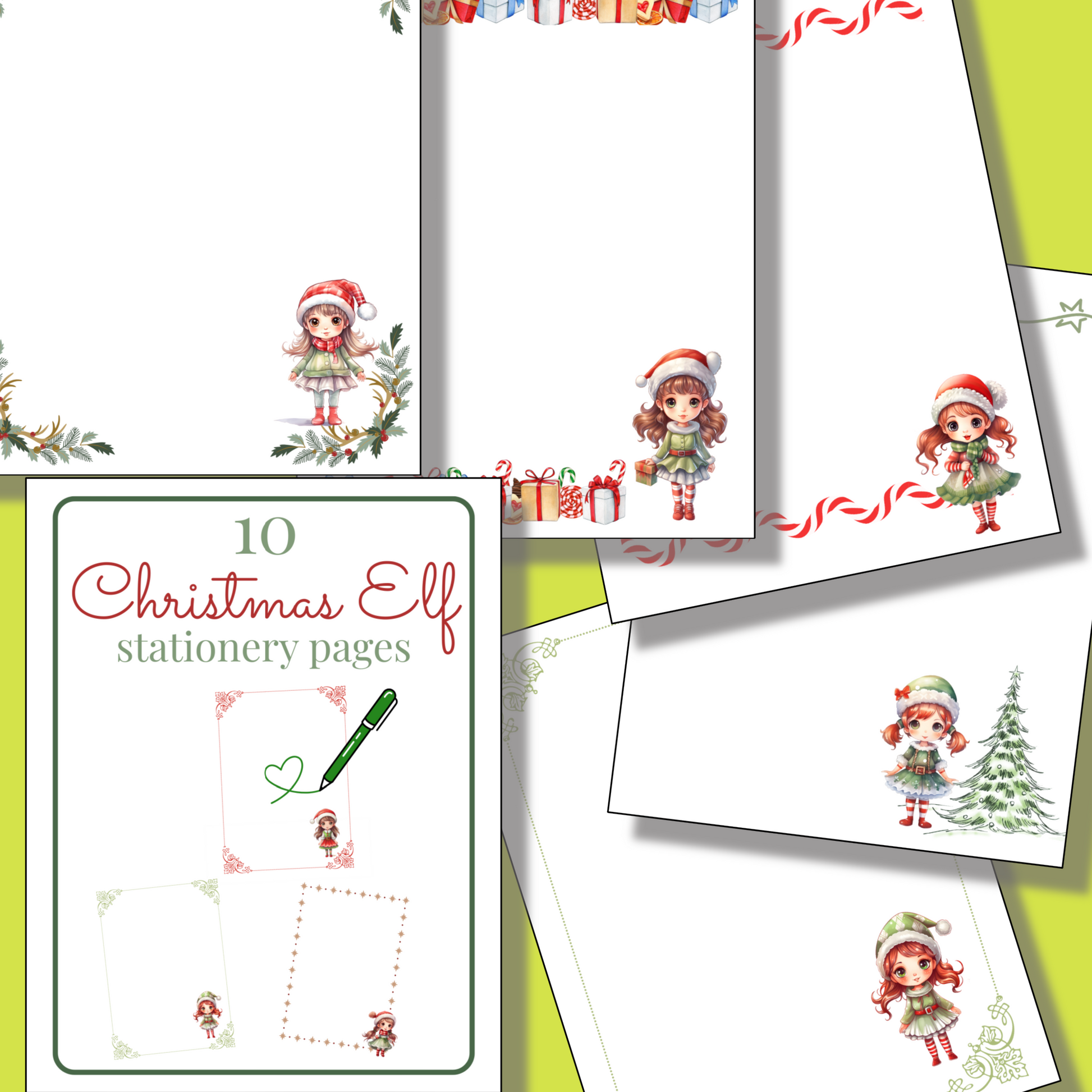 The 12 Days of Christmas Bundle offers Christmas stationery pages with a cartoon elf girl, festive borders, and holiday accents—ideal for printables or adding to your Christmas planner.