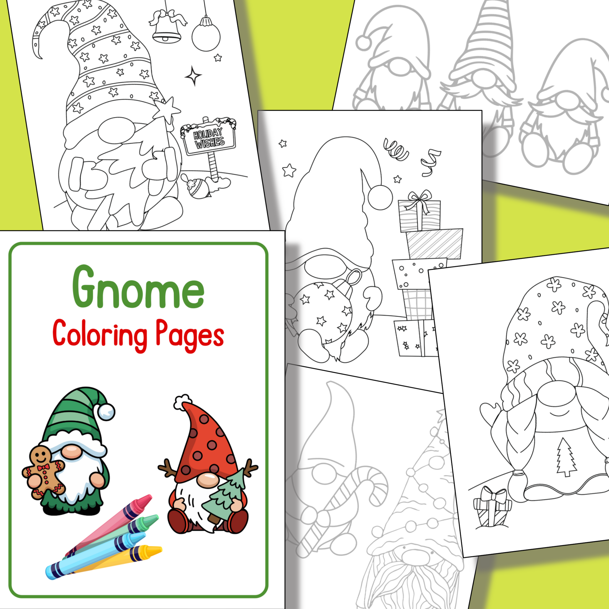 The 12 Days of Christmas Bundle features gnome-themed coloring pages with festive gifts, hats, and decorations—ideal holiday printables to complement your Christmas planner, including a cover page titled "Gnome Coloring Pages.
