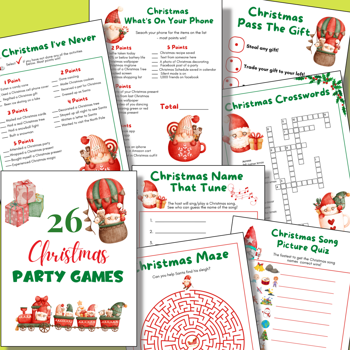 Collage showcasing the 12 Days of Christmas Bundle—printable holiday games with gnomes, crosswords, mazes, and festive sheets—ideal for your holiday planner or as fun Advent activity cards.