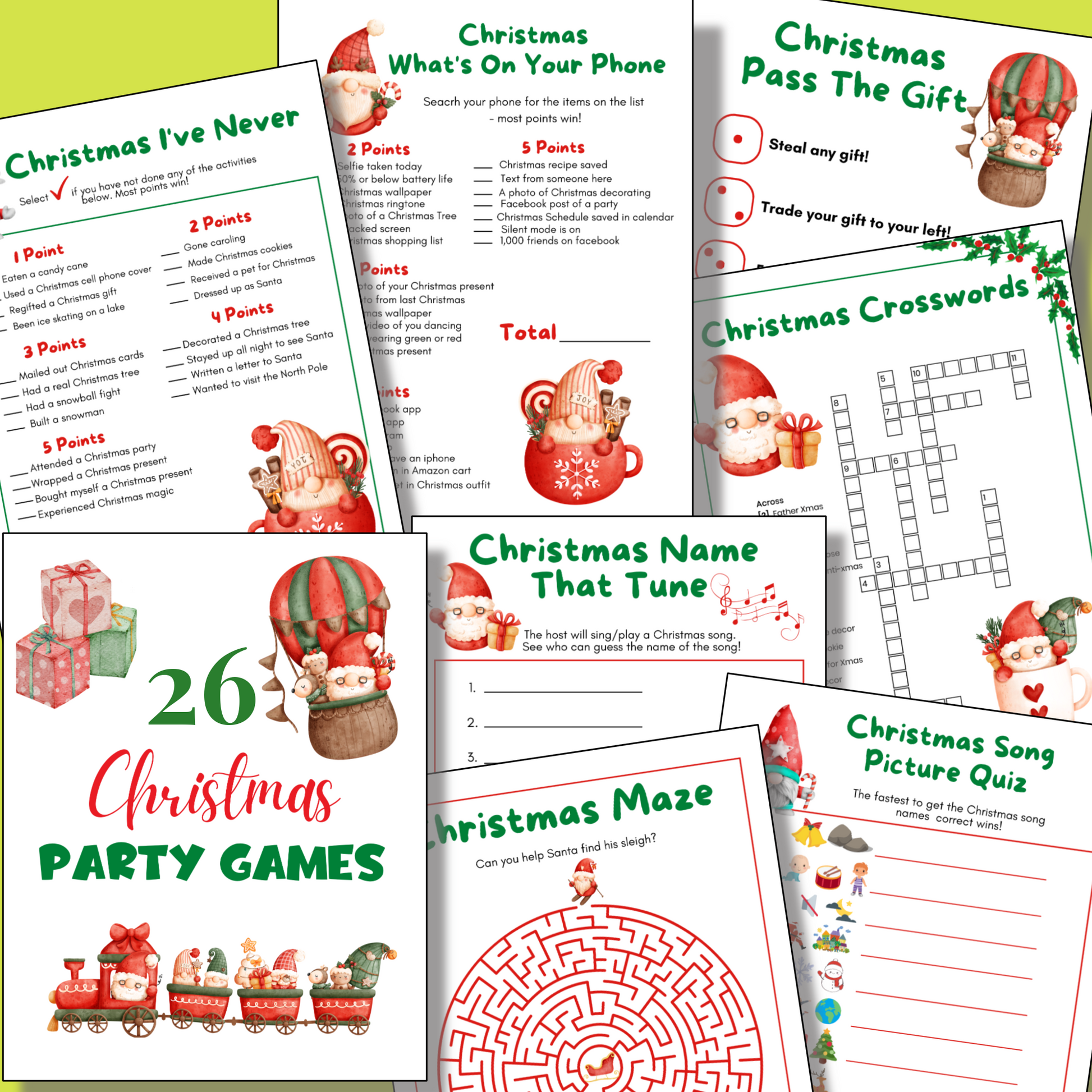 Collage showcasing the 12 Days of Christmas Bundle—printable holiday games with gnomes, crosswords, mazes, and festive sheets—ideal for your holiday planner or as fun Advent activity cards.