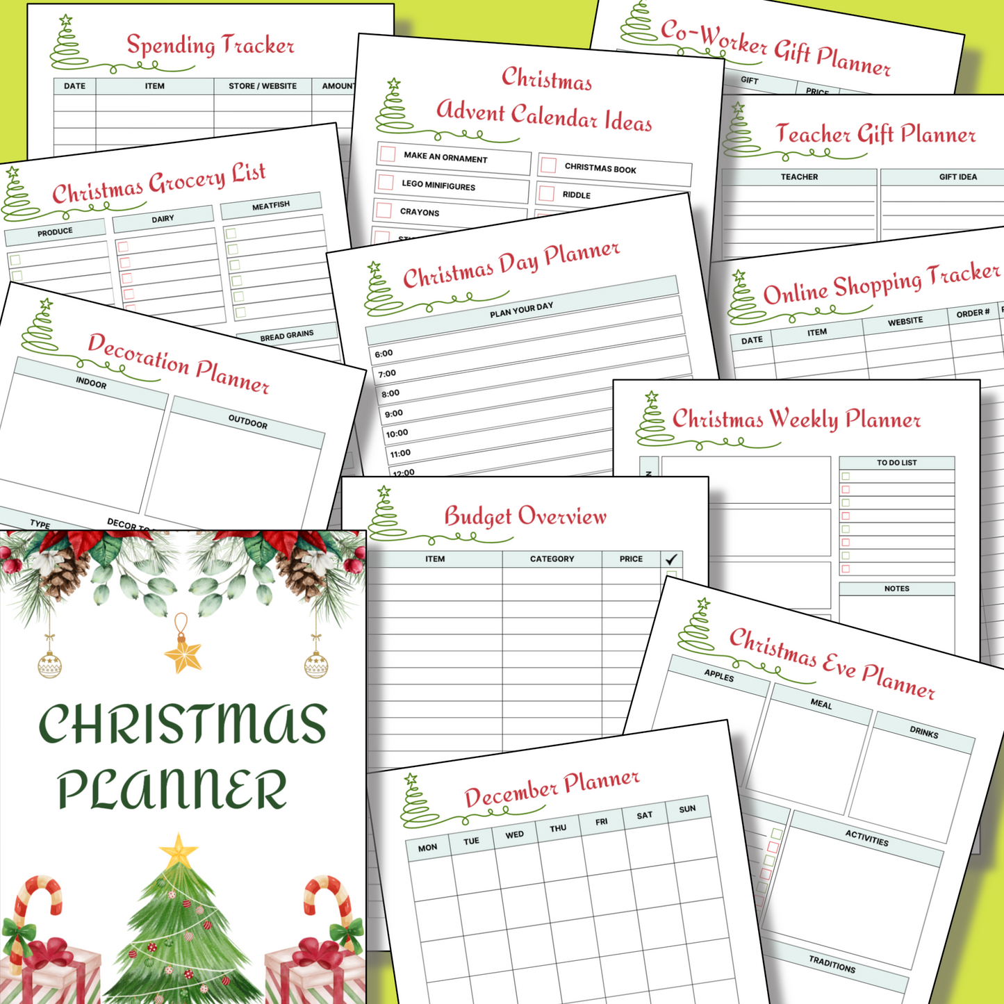 The 12 Days of Christmas Bundle includes festive printables: planner pages, gift trackers, budget sheets, grocery lists, activity planners, Advent cards, online shopping organizers, and a cheerful "Christmas Planner" cover.