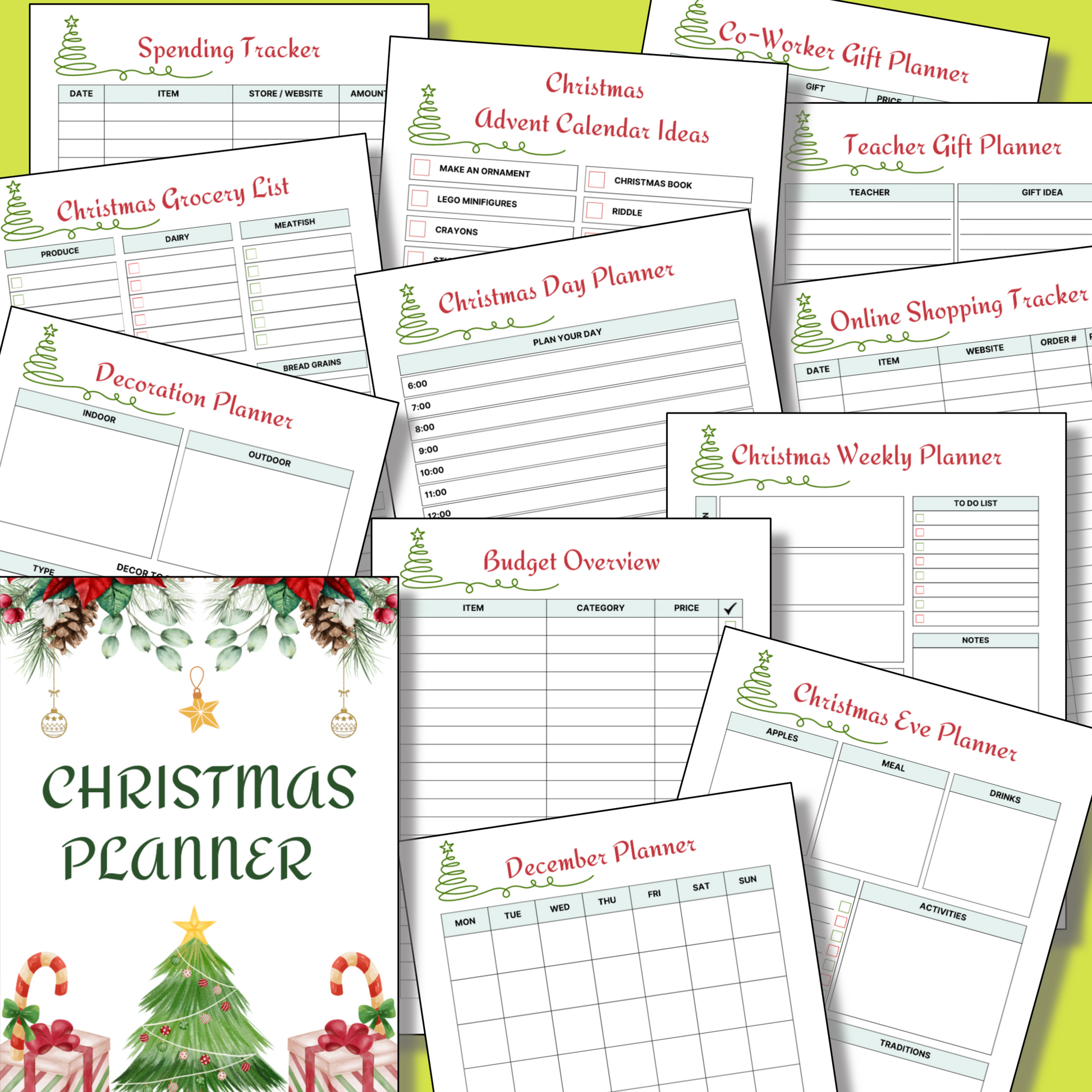 The 12 Days of Christmas Bundle includes festive printables: planner pages, gift trackers, budget sheets, grocery lists, activity planners, Advent cards, online shopping organizers, and a cheerful "Christmas Planner" cover.