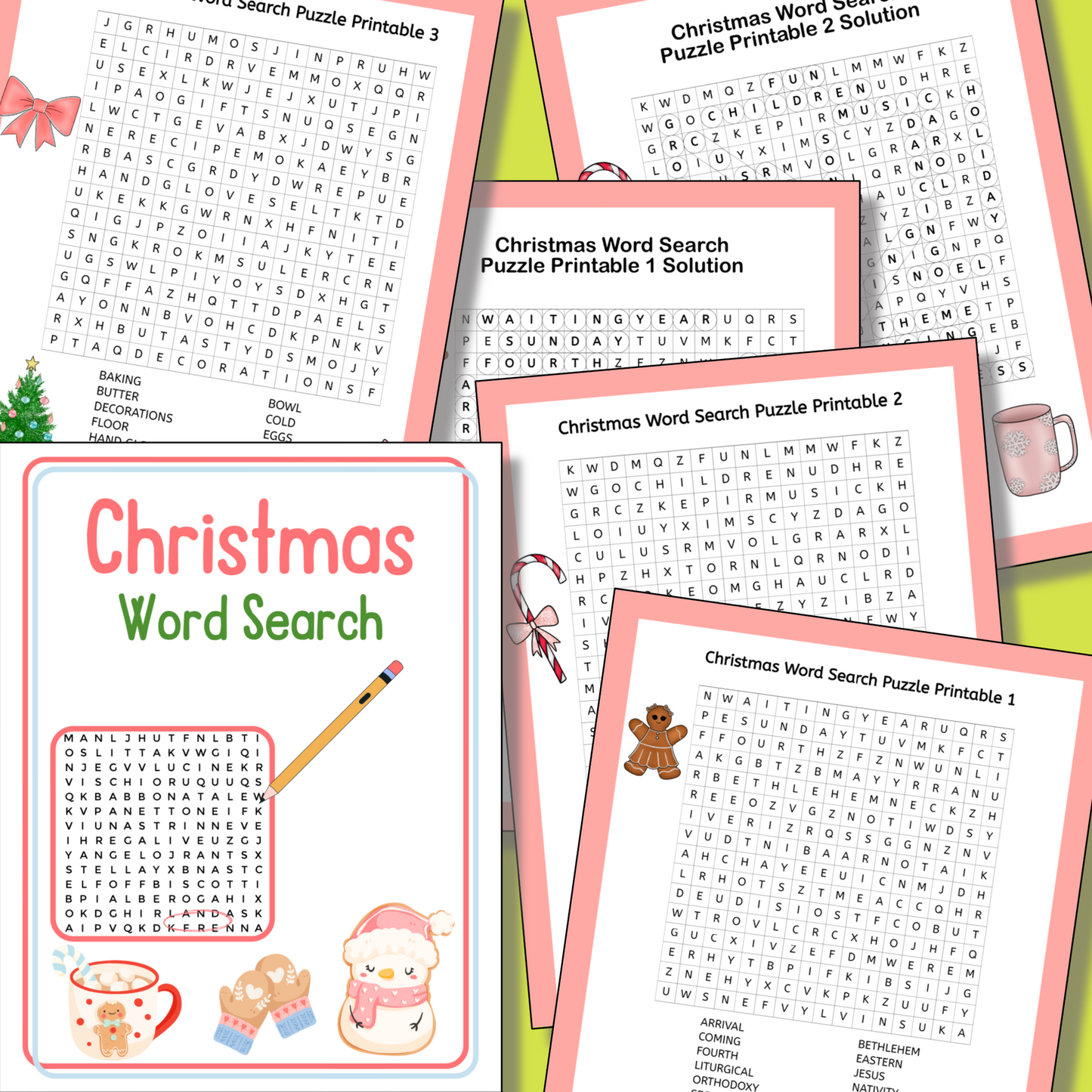 The 12 Days of Christmas Bundle features festive word search puzzles and solutions on a green background—ideal Christmas printables for your holiday planner or to use with Advent activity cards.
