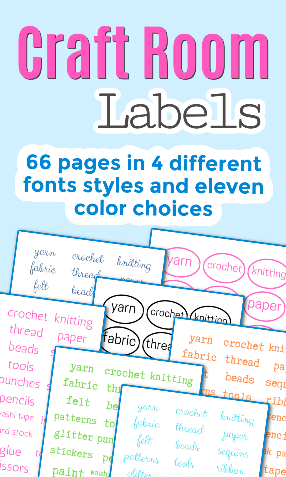 Explore the vibrant organization solutions offered by the Organized 31 Shop's Craft Room Labels. Select from crochet, knitting, and paper text options across 66 pages, featuring 4 font styles and 11 color choices to enhance your label design.