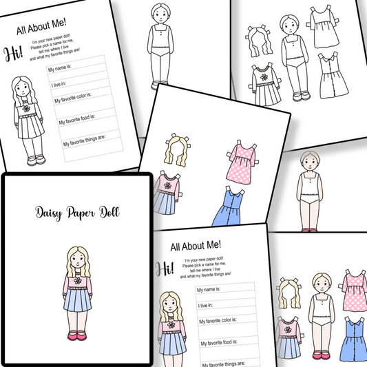 A collection of Daisy Paper Dolls and coloring pages for an interactive toy designed specifically for girls, sold by Organized 31 Shop.