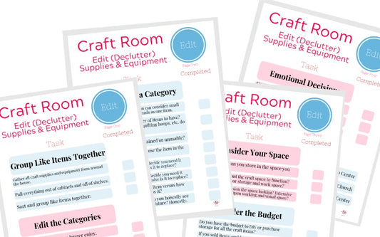 Five overlapping printable sheets titled "Craft Room Declutter Checklist" by Organized 31 Shop feature various tasks and checklists for organizing a creative space. Download our free printable Craft Room Declutter Checklist to streamline your organization process.