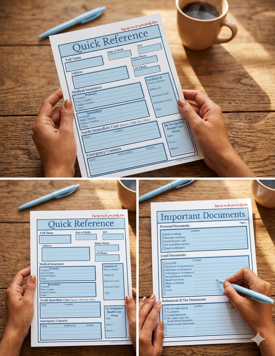 A person fills out the Comprehensive End-of-Life Checklist, a fillable PDF, at a table with a pen, coffee cup, and sunlight shining on the papers.