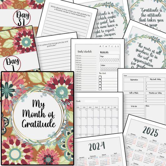 A collage of Organized 31 Shop's Gratitude One Month Planner with various designs and prompts.