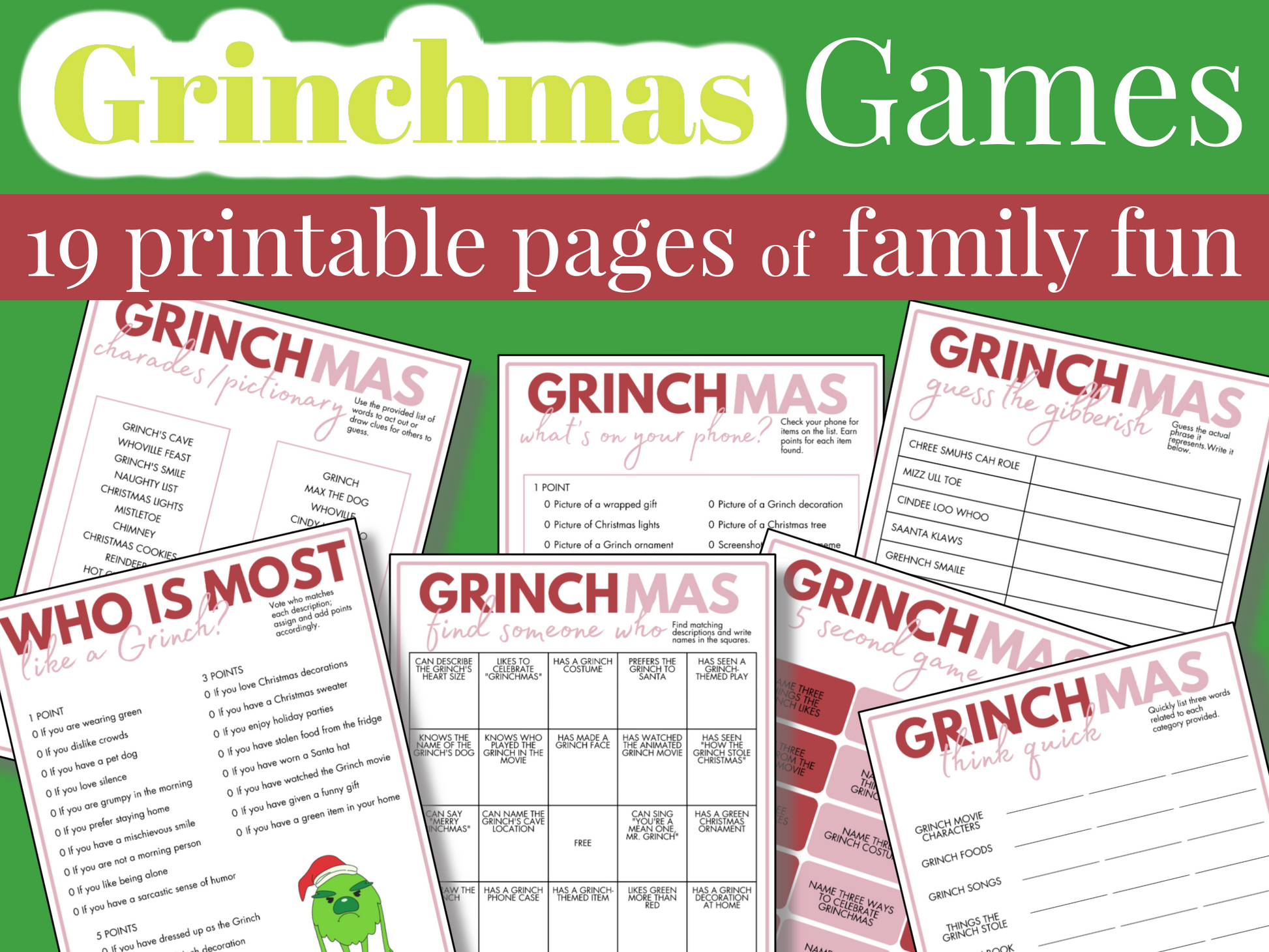 A display of the "Grinchmas Game Set" printable activity sheets, featuring fun Grinch party games and instructions, set on a festive green and red background—perfect for any Grinchmas celebration!.