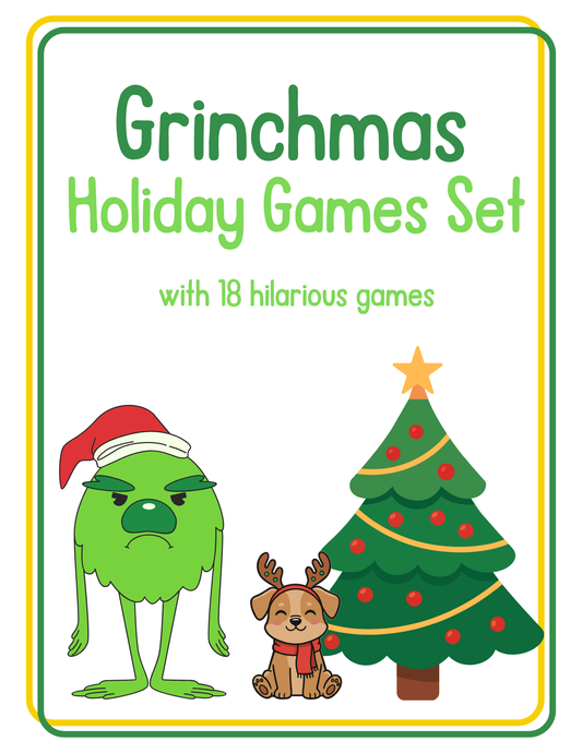 Cover image for the "Grinchmas Game Set" showcasing a green character in a Santa hat, a dog with reindeer antlers, and a festive Christmas tree. Features text promoting 18 party games ideal for your Grinchmas celebration.