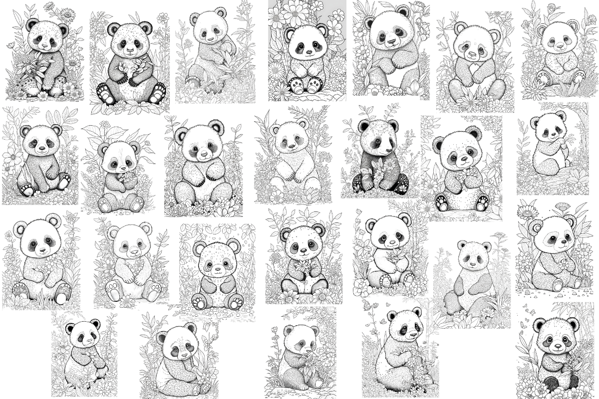 A collection of adorable panda bears in black and white from the Kawaii Coloring Pages Bundle by Organized 31 Shop.