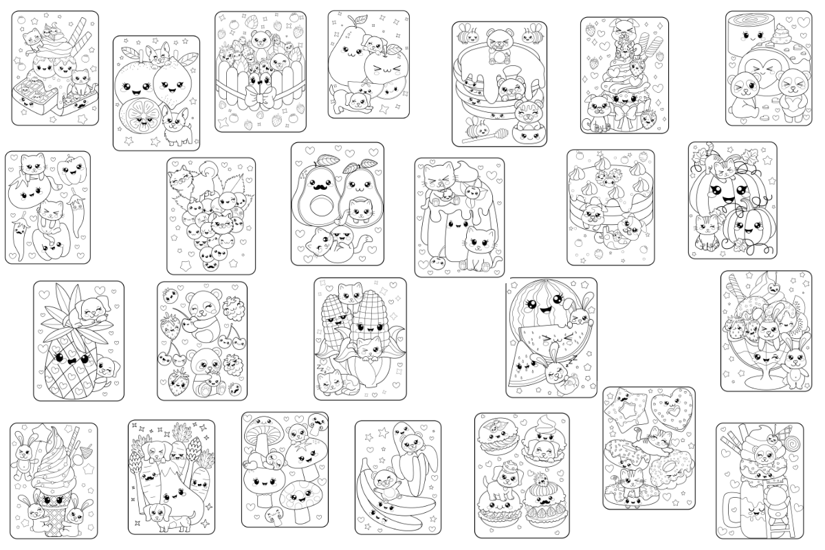 A set of Organized 31 Shop's Kawaii Coloring Pages Bundle with cartoon characters on them.