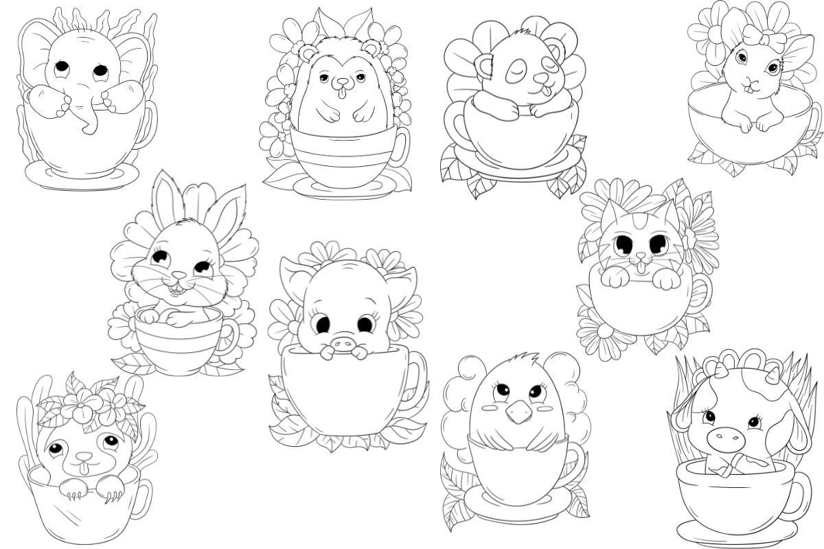 A set of Organized 31 Shop's Kawaii Coloring Pages Bundle featuring adorable animals in teacups.