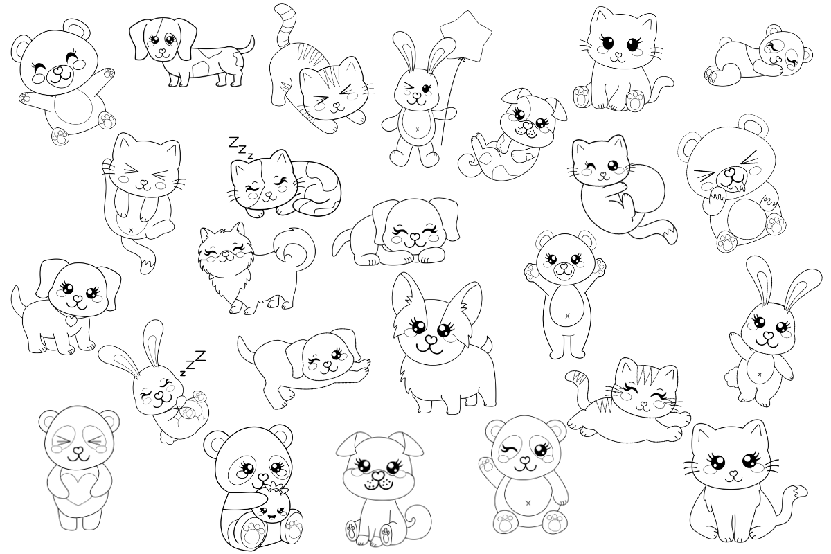 A Organized 31 Shop Kawaii Coloring Pages Bundle with a variety of different adorable animals.