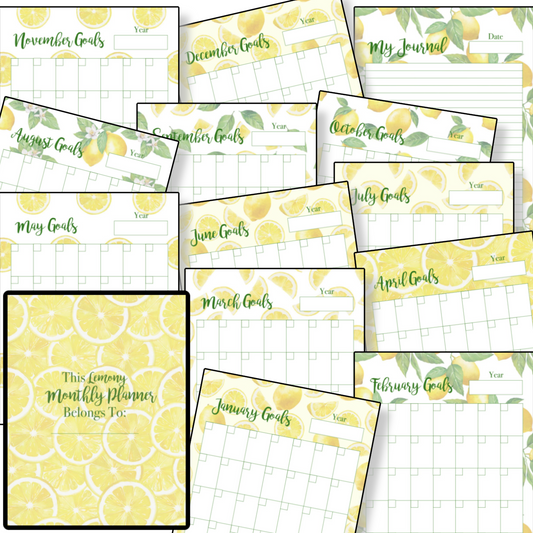 A collection of printable monthly Lemon Planner sheets with a citrus theme for each Lemon Calendar month of the year, designed for personal use as a digital product from Organized 31 Shop.