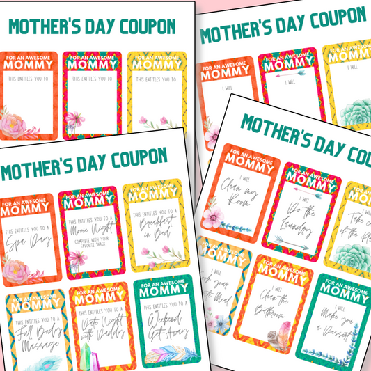 Printable Mother's Day coupon cards, now available as a digital product from Organized 31 Shop, come with colorful designs and promises for thoughtful gestures, allowing you to personalize the gift.