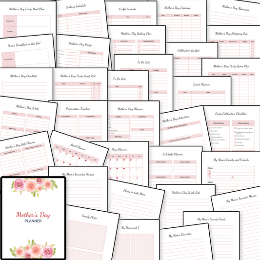 A collection of themed printable Organized 31 Shop Mother's Day Planner pages and worksheets in shades of pink, perfect as a celebration organizer.