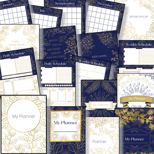 A collection of Navy and Gold Planner digital planner pages and motivational cards with various designs and calendrical layouts from Organized 31 Shop.