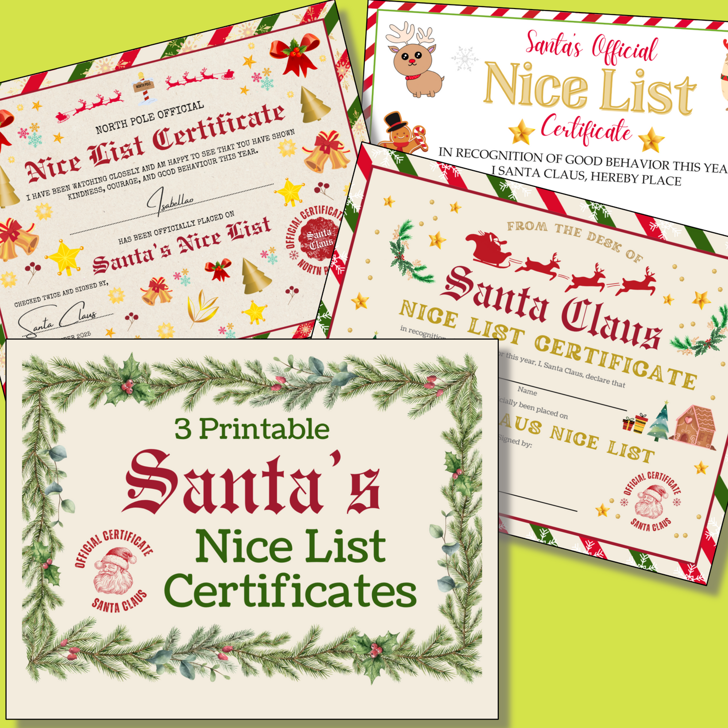 A collage of four festive printables from the "12 Days of Christmas Bundle," featuring Christmas borders, text, and decorations, is displayed on a yellow background—perfect for your holiday planner.