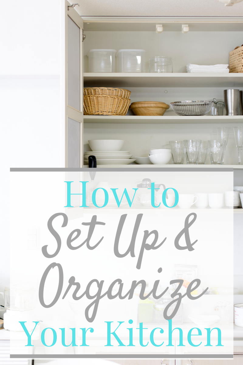 An open kitchen cabinet showcasing neatly arranged dishes, glassware, and baskets. Text overlay reads "How to Set Up Kitchen Organization by Organized 31 Shop.