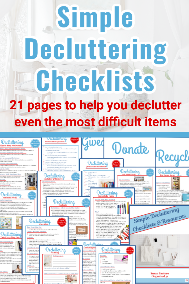 Image of a collection of pages titled "Simple Decluttering Checklists" by Organized 31 Shop, offering 21 pages of guidance on organizing and decluttering various items.