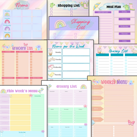 Collection of colorful Spring Menu Planning and Shopping Lists templates as a digital product from Organized 31 Shop.
