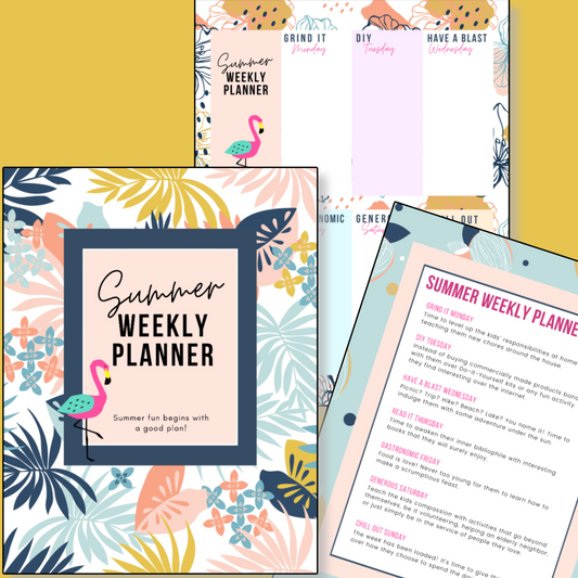 Colorful Summer Family Activities Planner layouts with flamingo illustrations, available as a digital product from Organized 31 Shop.