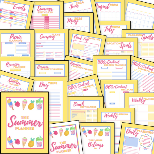 A collage of assorted colorful summer-themed planners and planning materials, including printable checklists, with titles like "Organized 31 Shop Summer Planner," "Daily Planning," and "The Organized 31 Shop Summer Planner" as a digital product.