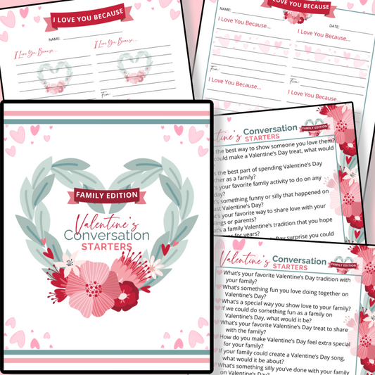 Digital Valentine's Conversation Starters and Cards by Organized 31 Shop, featuring floral designs and prompts for family discussions, are now available. These printable sheets help spark engaging conversations with loved ones.