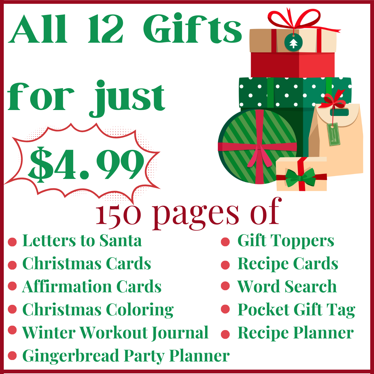 Explore the Organized 31 Shop's "12 Days of Christmas Printables" bundle for just $4.99, which includes 12 festive items such as charming Christmas printables, seasonal planners, and delightful recipes. With illustrations of stacked gifts and a comprehensive list of contents, it's an ideal way to elevate your holiday festivities.