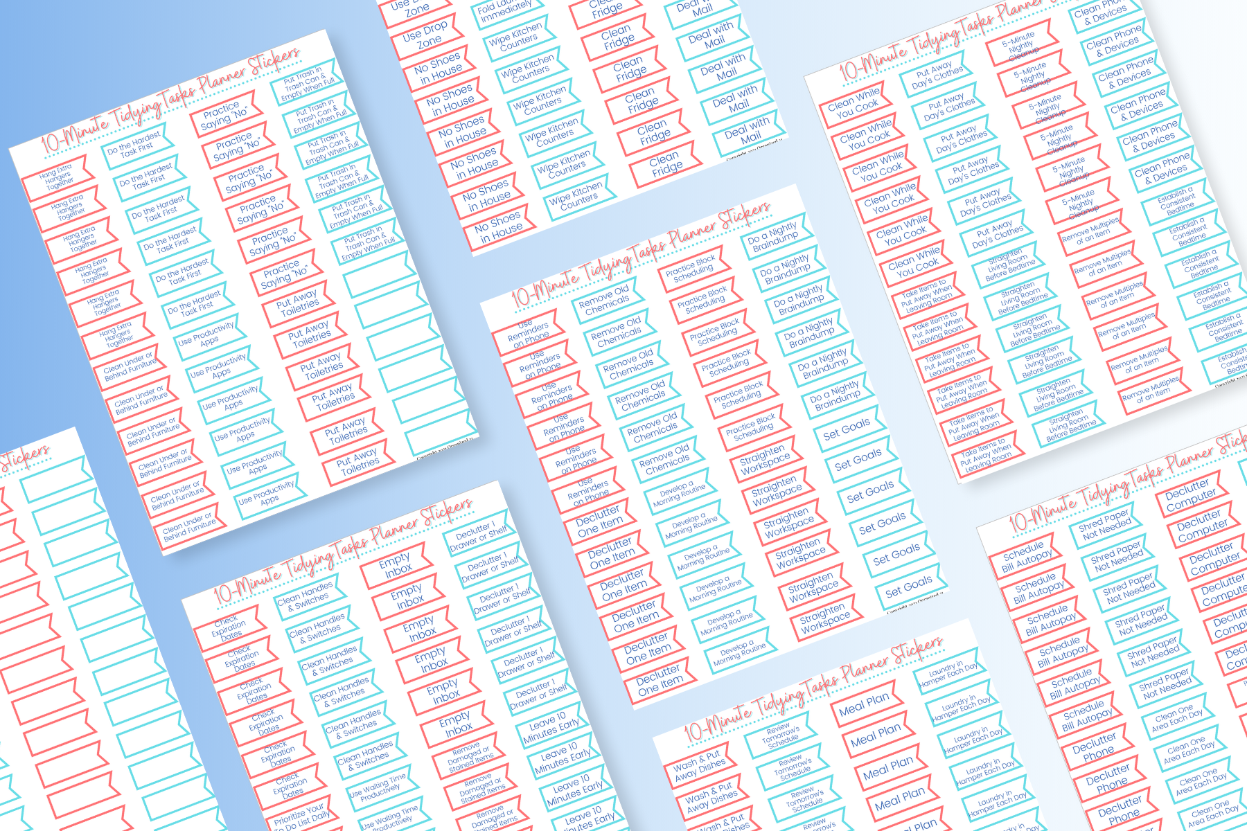A set of 52 Weeks of Tidy Habit Planner Stickers on a blue background from Organized 31 Shop.