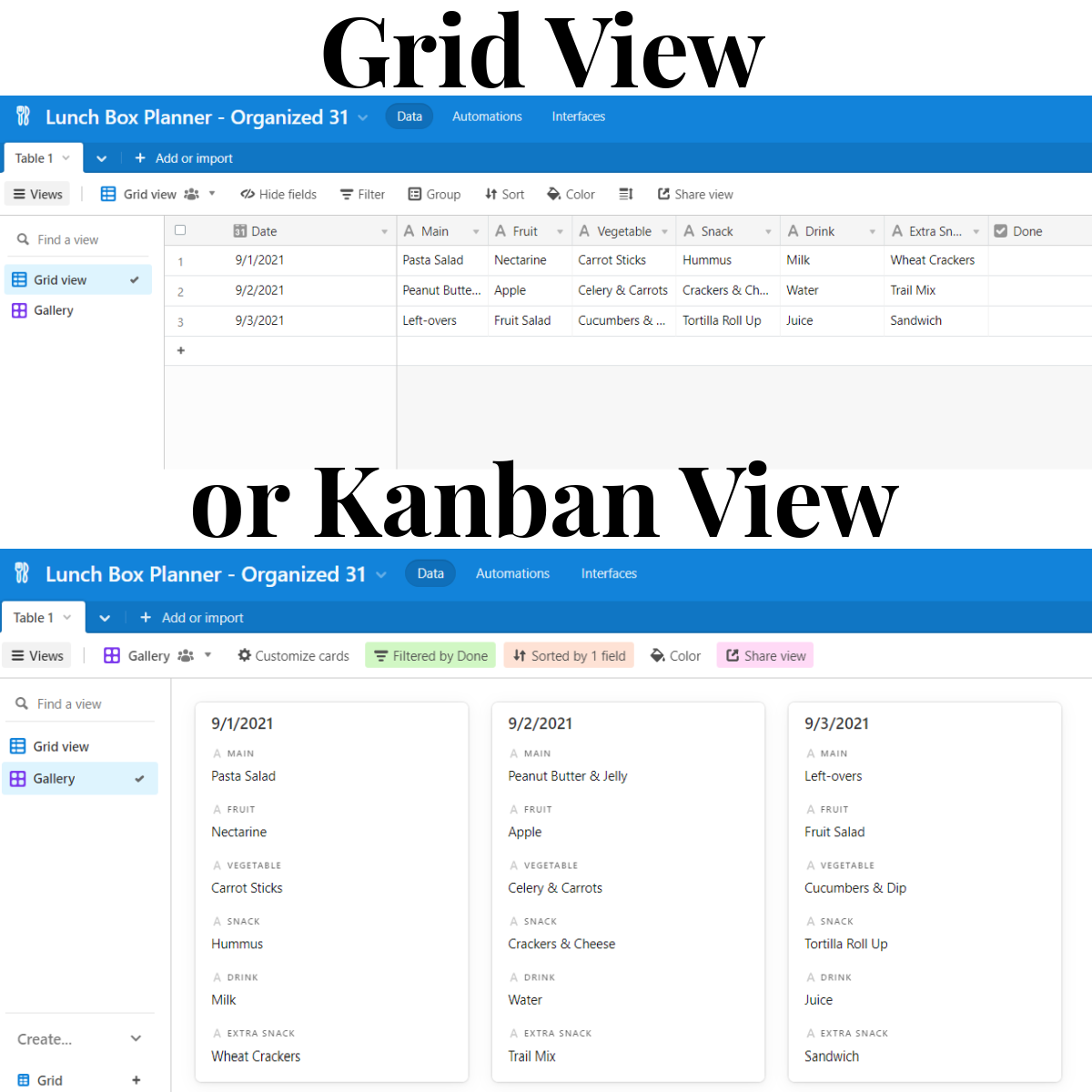 Automate your meal planning with a grid view or kanban view in AirTable Automated Lunch Box Planner by Organized 31 Shop.