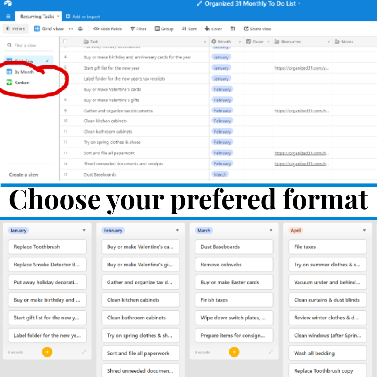 Choose your preferred Automated A Year of Monthly To Dos on AirTable format for printable monthly to-do lists in Google Docs from the Organized 31 Shop.