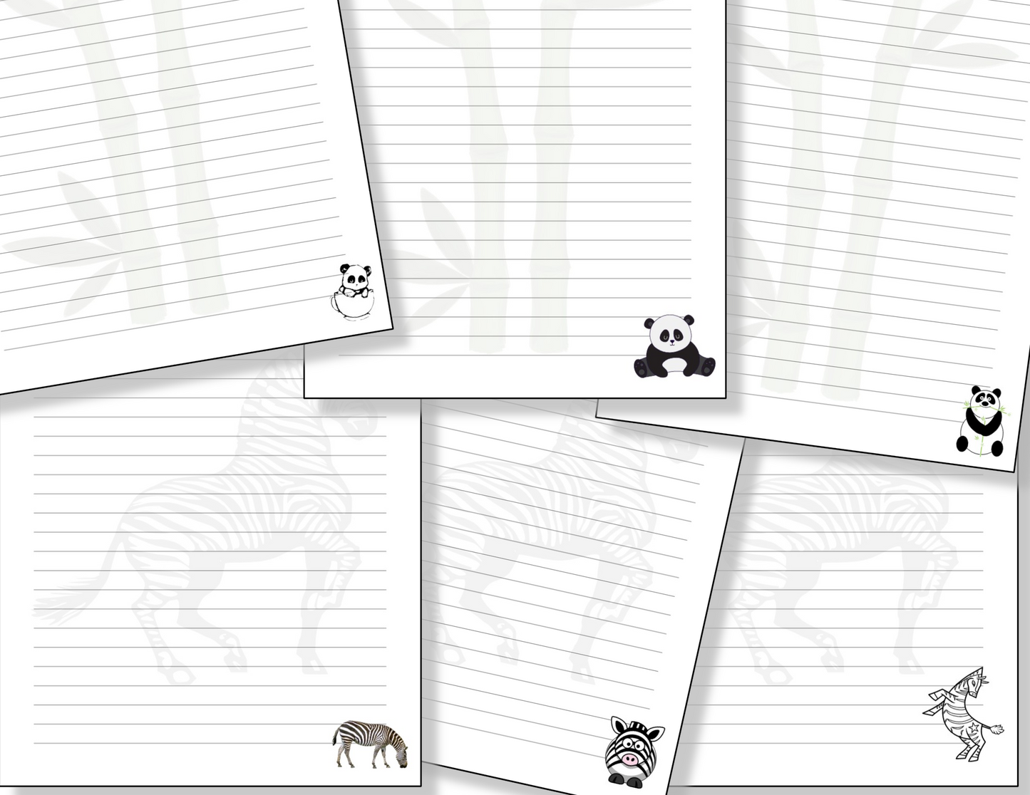 A set of Animal Stationery with Pandas and Zebras, featuring a giraffe and a zebra, from the Organized 31 Shop.