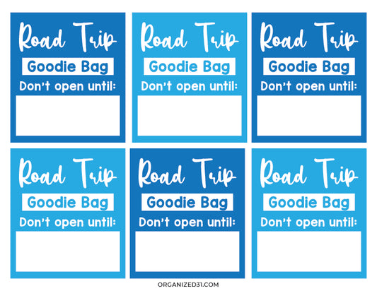 Six blue, printable Road Trip Activities labels with the text "travel goodie bag don't open until:" for organizing trip surprises or activities from Organized 31 Shop.