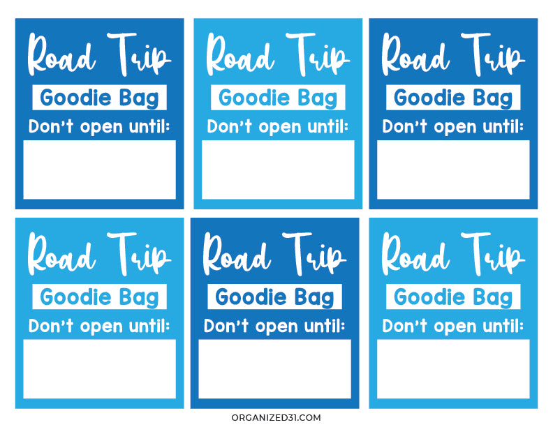 Six blue, printable Road Trip Activities labels with the text "travel goodie bag don't open until:" for organizing trip surprises or activities from Organized 31 Shop.