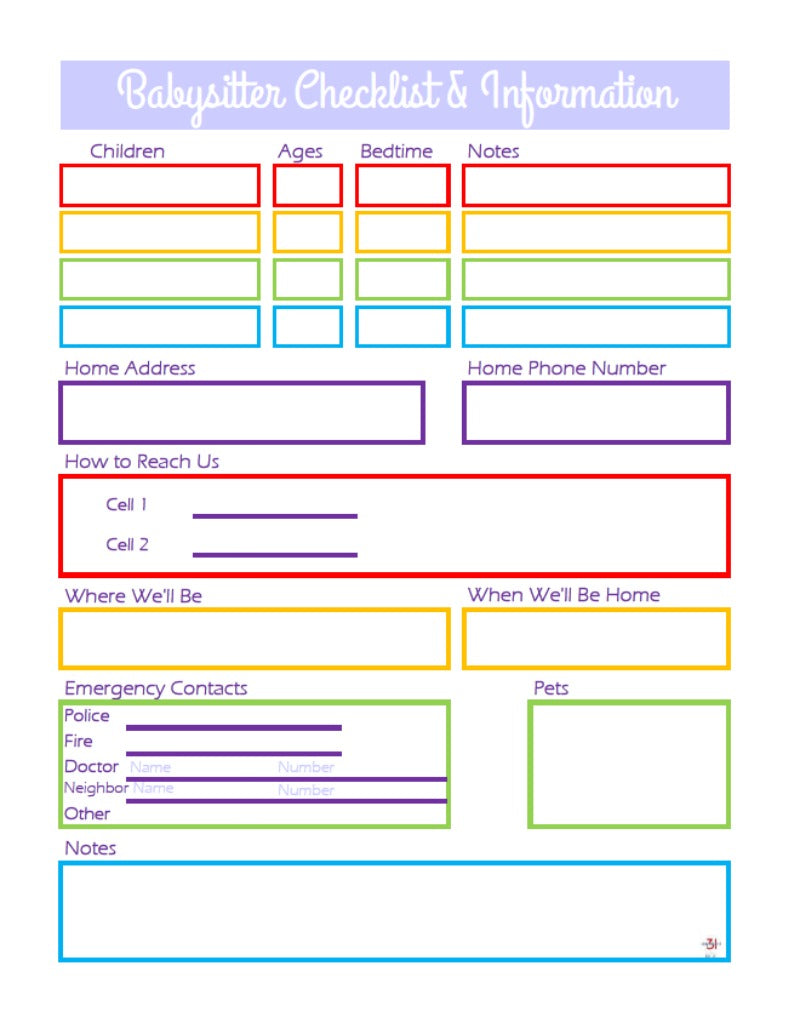 Organized 31 Shop's Babysitter Information Sheet.