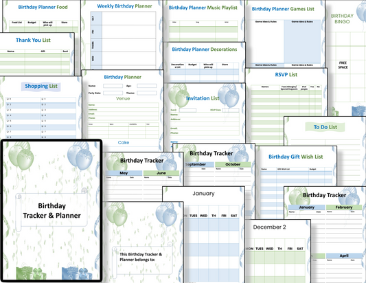 A collection of Organized 31 Shop's Birthday Tracker and Planner with a blue and green theme.