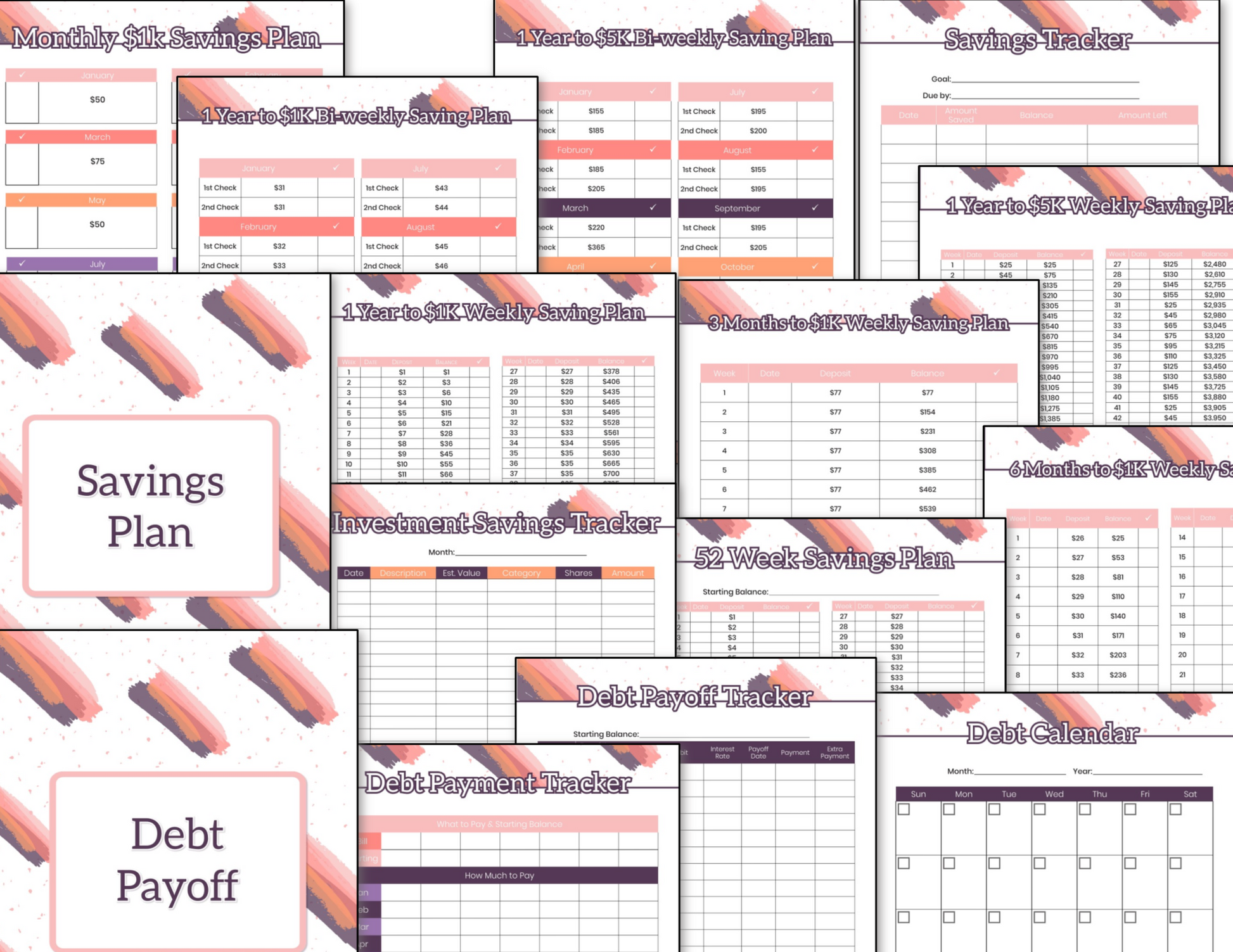 A collection of printables with the words savings and pay, featuring the Budget Planner Binder - Pink and Grey Brushstroke from Organized 31 Shop.