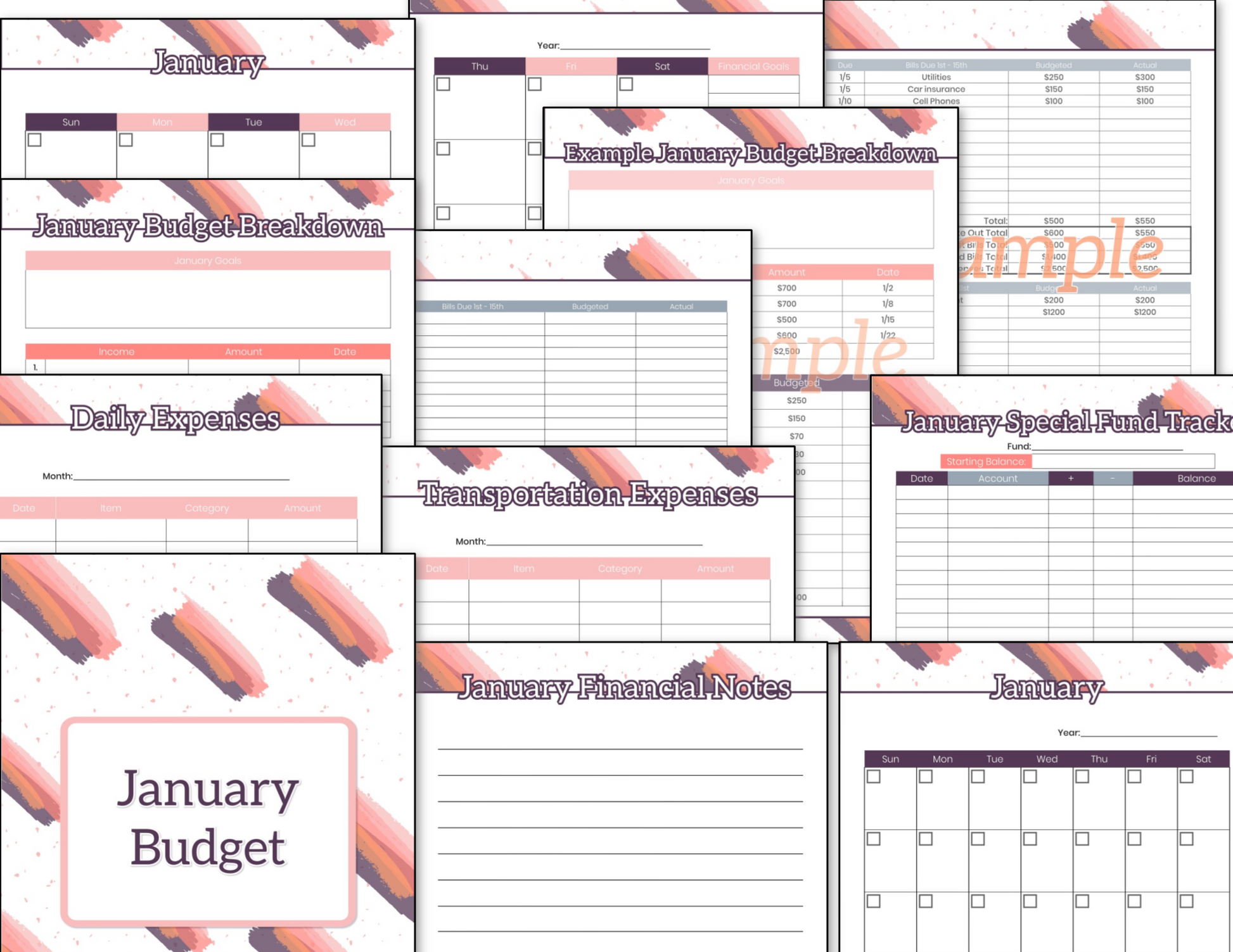 A collection of Budget Planner Binder - Pink and Grey Brushstroke from Organized 31 Shop.