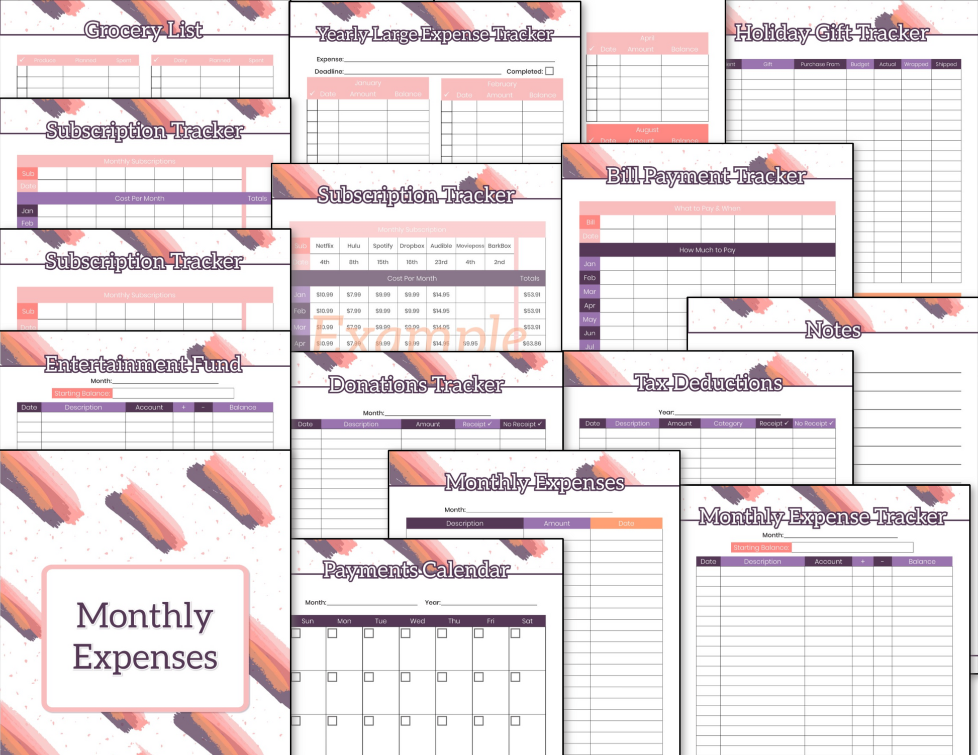 A collection of Budget Planner Binder - Pink and Grey Brushstroke monthly expense sheets from the Organized 31 Shop.