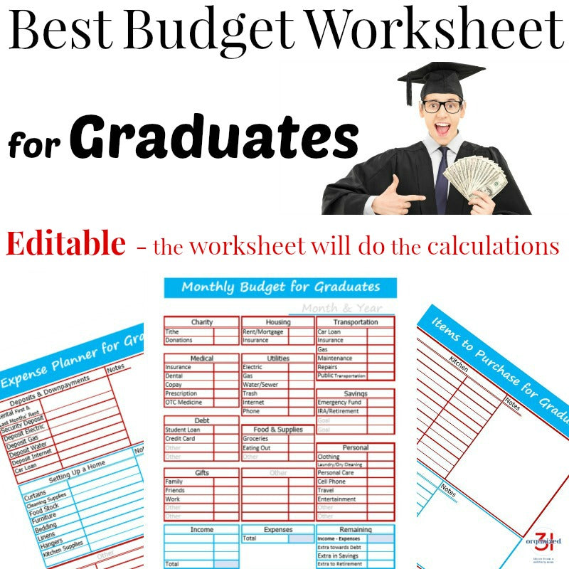 Advertisement for the Budget Worksheet for Graduates – Editable & Printable from Organized 31 Shop, featuring a young man in a graduation cap holding money, with sample expense categories.