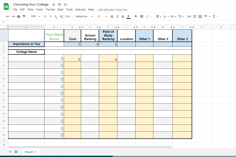 A printable spreadsheet in Google Sheets for college called "Choosing the Right College Spreadsheet" by Organized 31 Shop.