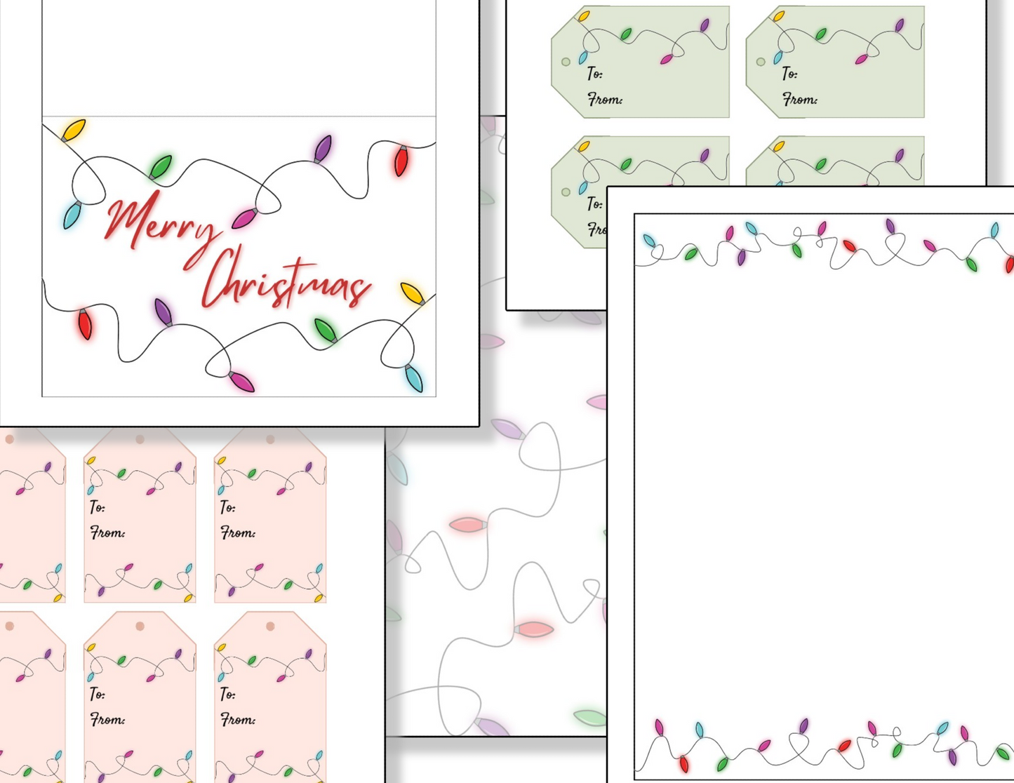 An Organized 31 Shop digital product featuring a stationery set of printable Christmas cards adorned with charming Christmas Lights.
